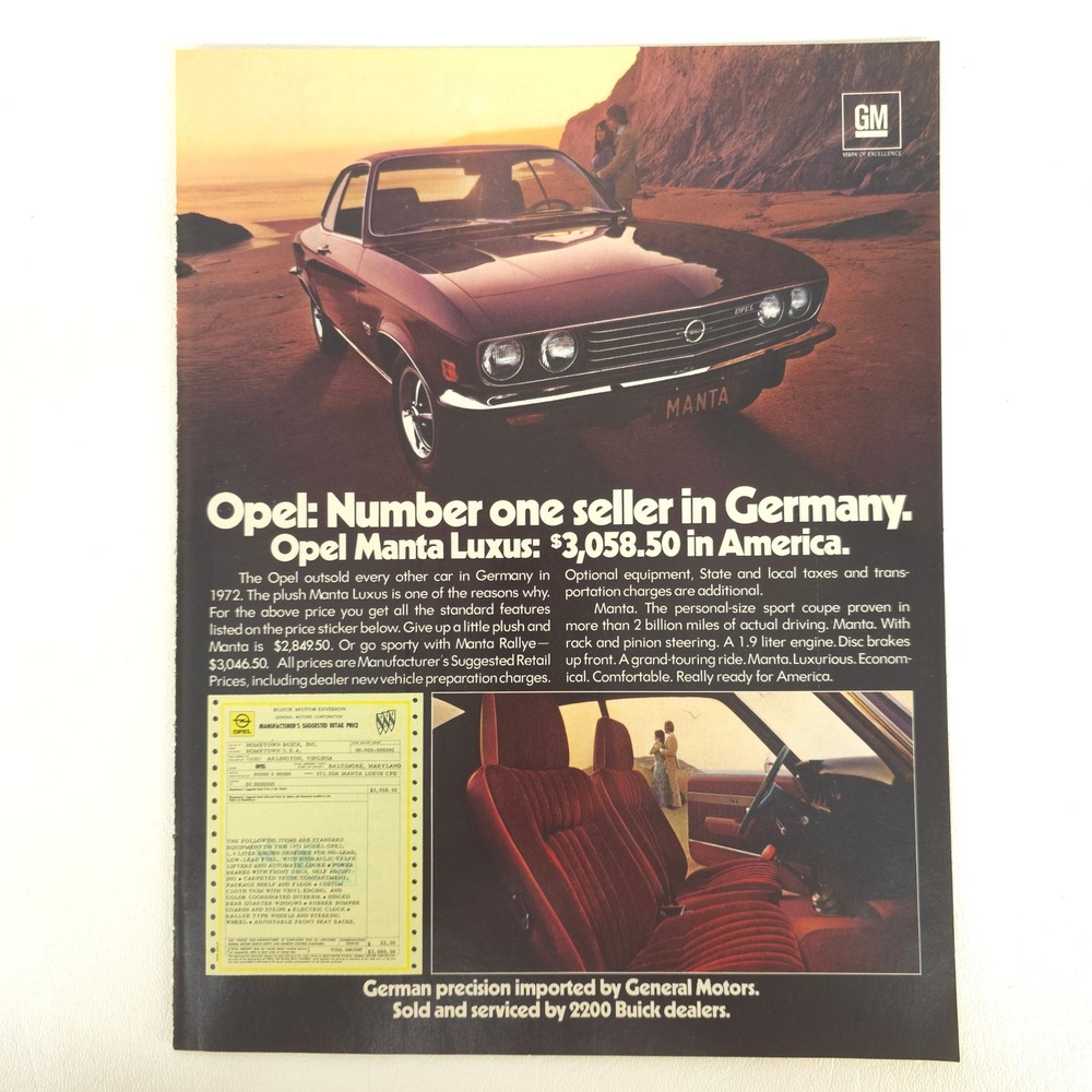 Opel Manta Luxus Print Ad GM German Sports Coupe Vintage Auto Wall Decor Art